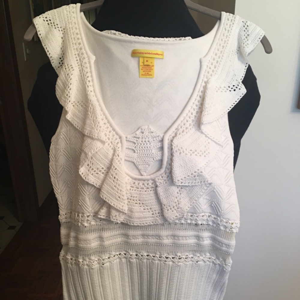 Catherine Malandrino White Pattern Ruffle Neck Top